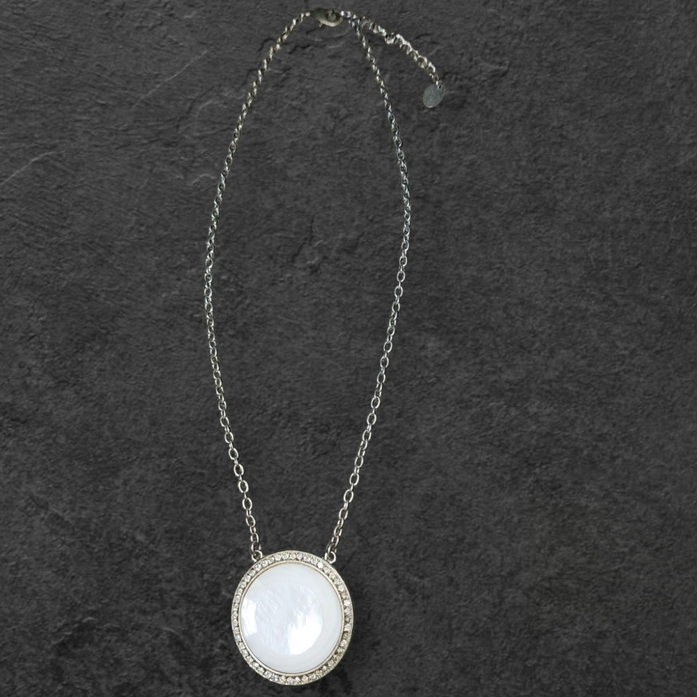 Danielle Stevens White Round Pendant 18" Necklace W/2"in Adjustable Chain